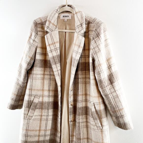 BB Dakota Plaid To Be Said Long Sleeve Notch Lapel Overcoat Peacoat Tan Large - Picture 5 of 11
